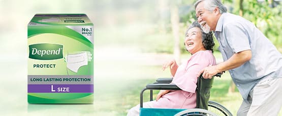 elderly man pushing elderly woman in a wheelchair with Depend protection Tape product pack, and a 'learn more' button elderly man pushing elderly woman in a wheelchair with Depend protection Tape product pack, and a 'learn more' button